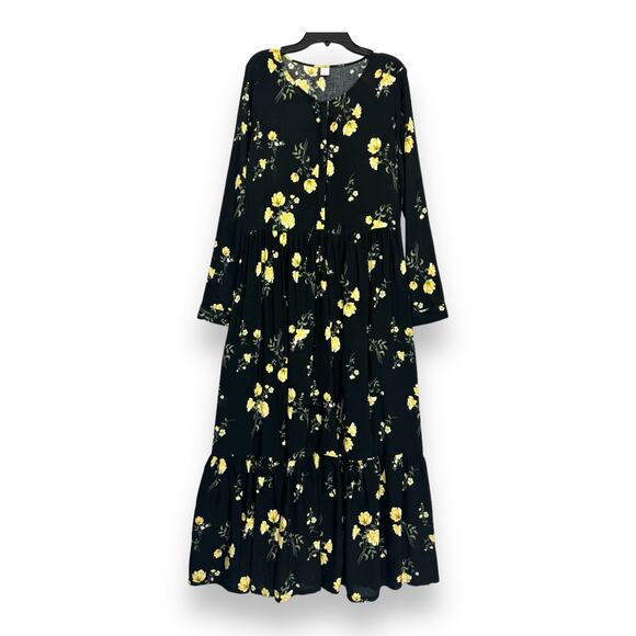 Old Navy Tiered Floral Maxi Dress M Black Pockets Prairie Dark Cottagecore Boho - Picture 1 of 15